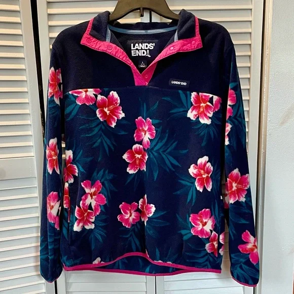 Lands' End Navy and Pink Floral Fleece Pullover Size L - Picture 1 of 9
